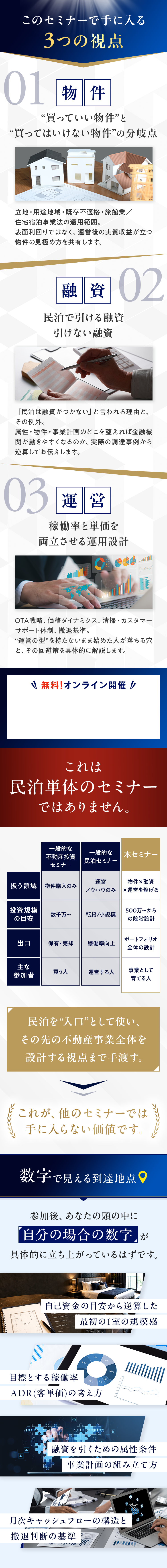 このセミナーで手に入る3つの視点。物件の分岐点、融資を引ける順序、稼働率と単価を両立させる運用設計を解説